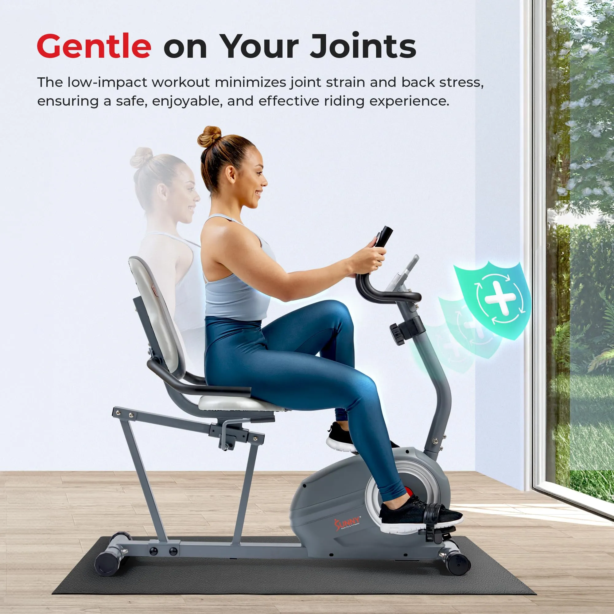 Sunny Health & Fitness Essentials Series Magnetic Smart Recumbent Bike with Exclusive SunnyFit App Enhanced Bluetooth Connectivity – SF-RB422003