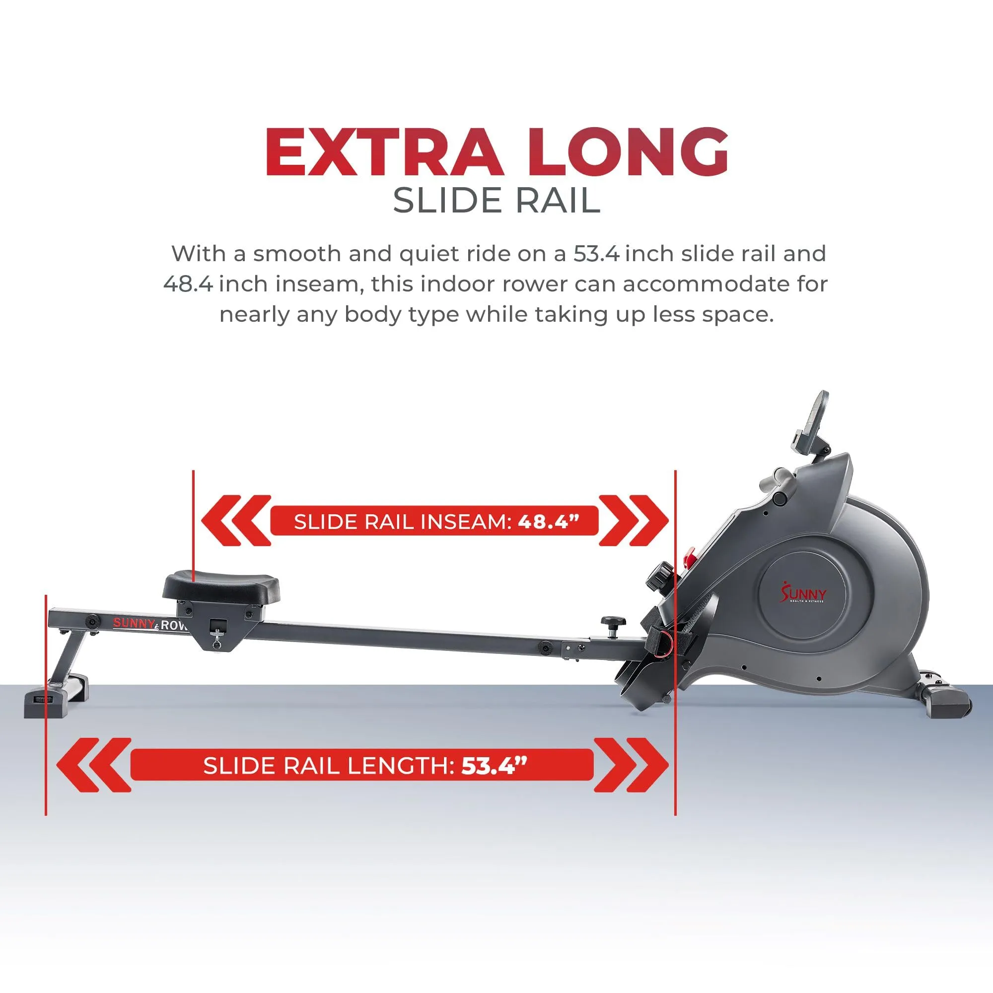 Sunny Health & Fitness Magnetic Rowing Machine with Extended Slide Rail with Bluetooth Connection to Free SunnyFit® App – SF-RW522016