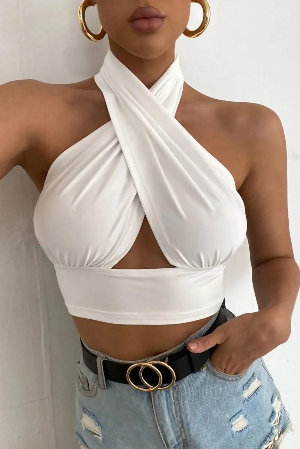White Slinky Cross Front Halter Neck Crop  Top