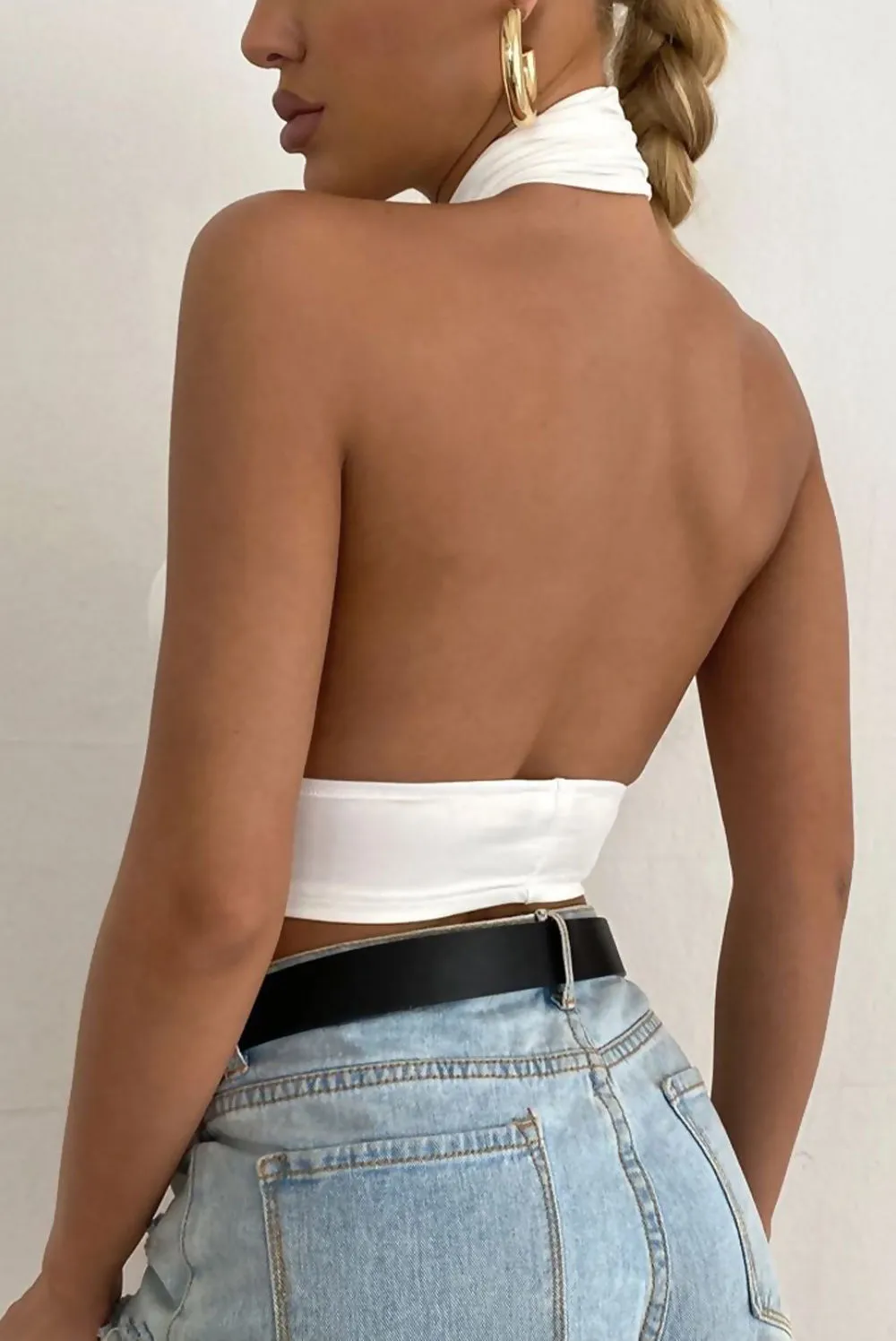 White Slinky Cross Front Halter Neck Crop  Top