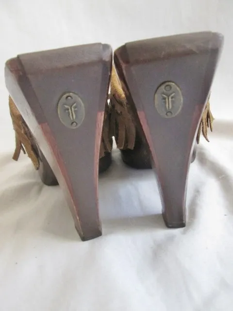 Womens FRYE 73800 LACEY Leather Clog High Heel Slip-On Mules Fringe 7 BROWN Shoe