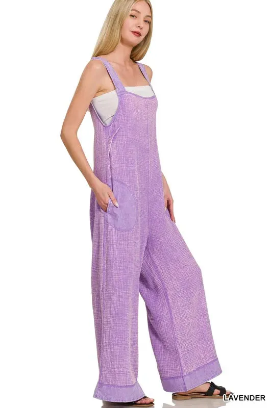 Zenana Double Gauze Washed Wide Leg Overalls