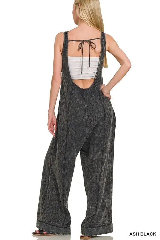 Zenana Double Gauze Washed Wide Leg Overalls