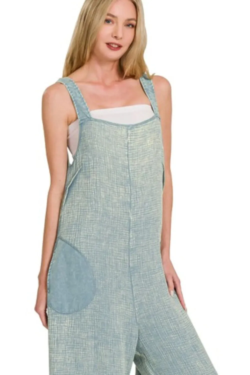 Zenana Double Gauze Washed Wide Leg Overalls